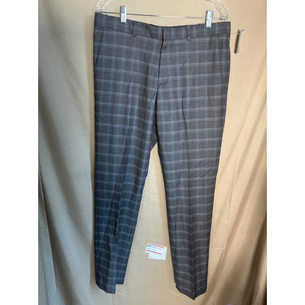 Perry Ellis Dress Pants Mens 32x32 Grey Blue New Slim Fit Plaid Flat Front